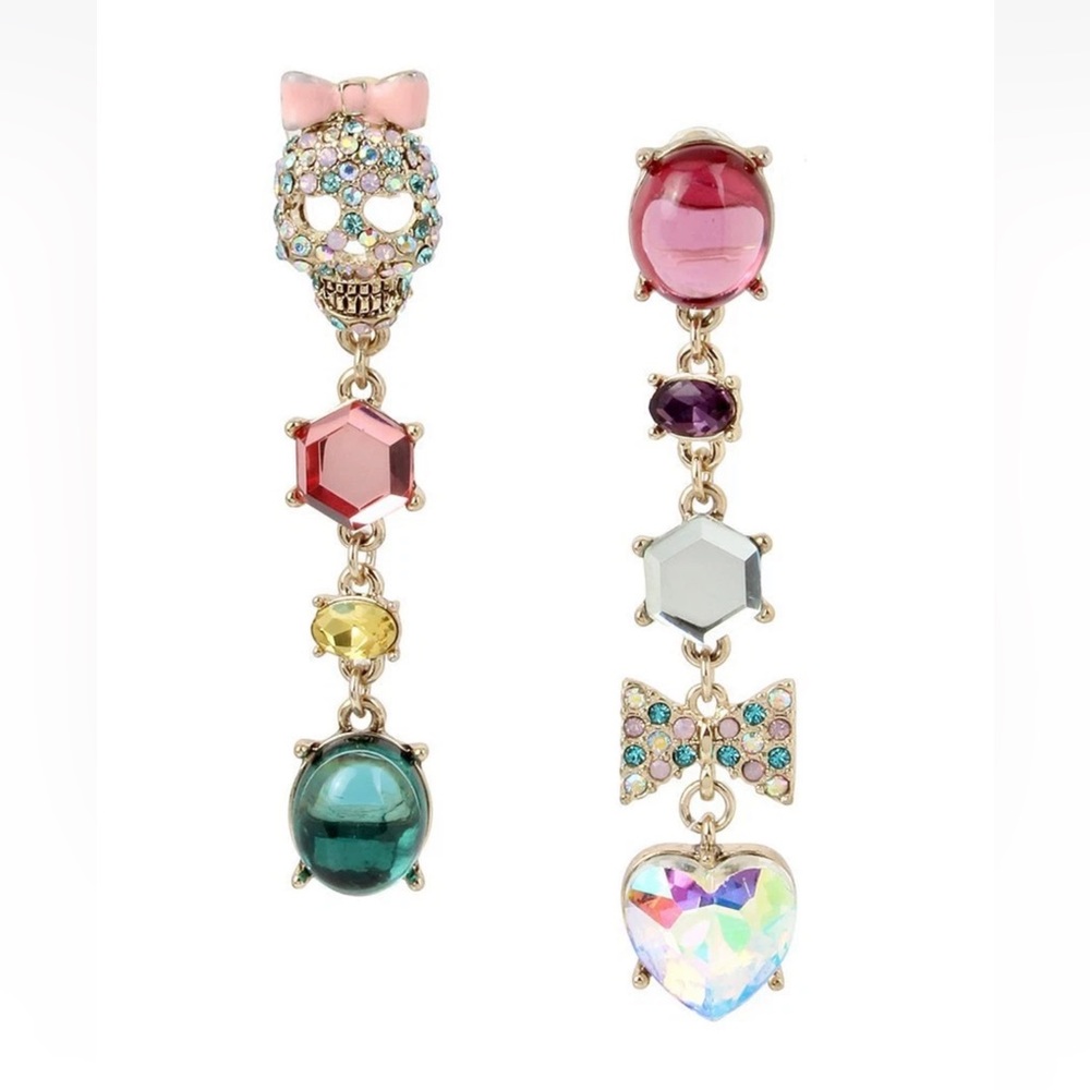 Betsey Johnson 'Sweet Shop' Skull & Bow Crystal Drop Earrings NWT Beautiful